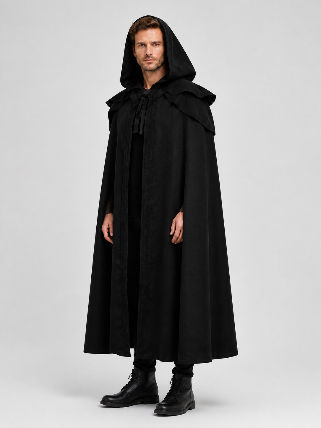 Long Gothic Black Hooded Cloak Cape side view