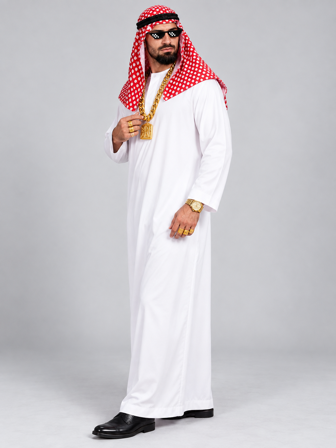 White clothing set with red scarf and chain