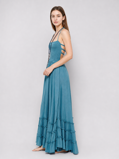 Boho Maxi Dress with Open Back and Tiered Ruffles