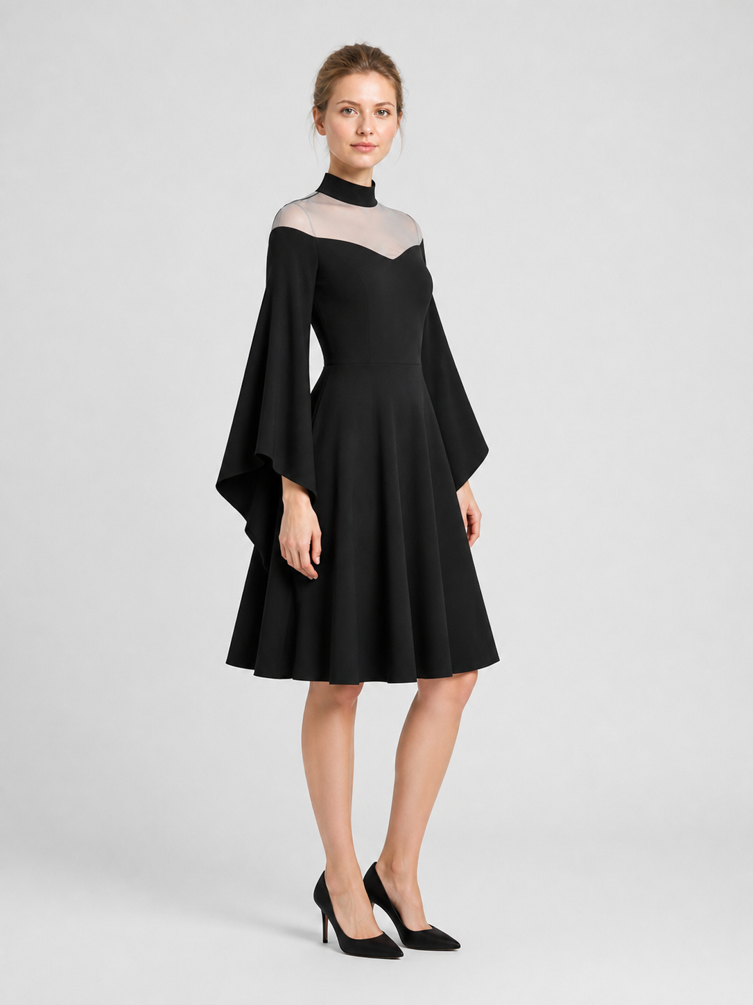 Black Party Dress with Flared Sleeves side view