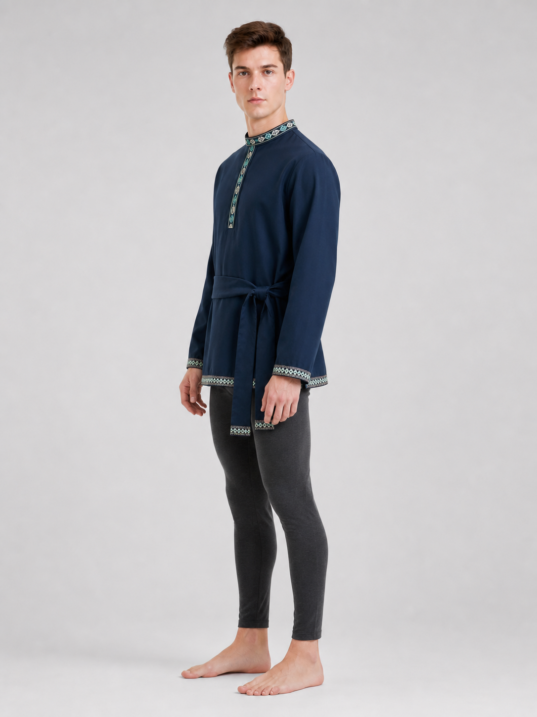 Tunic with a Belt and Embroidery, Dark Blue