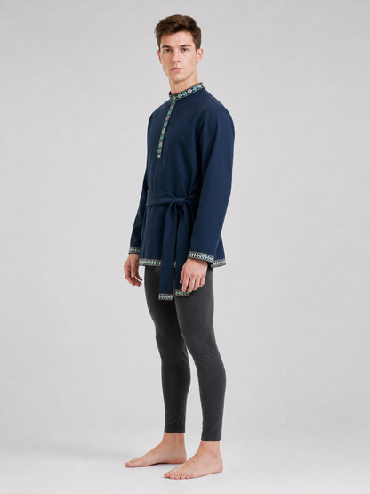 Tunic with a Belt and Embroidery, Dark Blue
