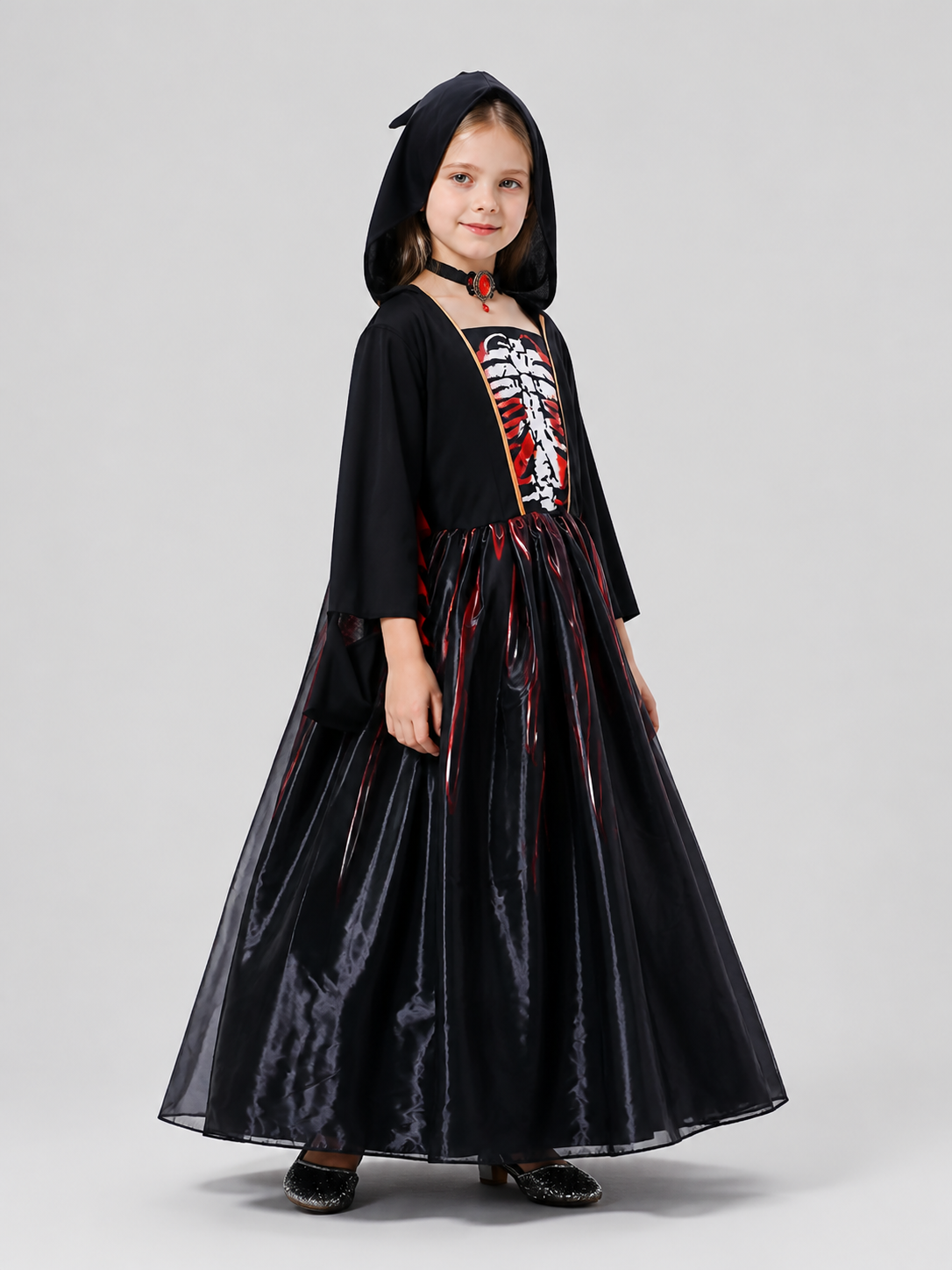 Girls' Halloween witch dress with red stripes side view