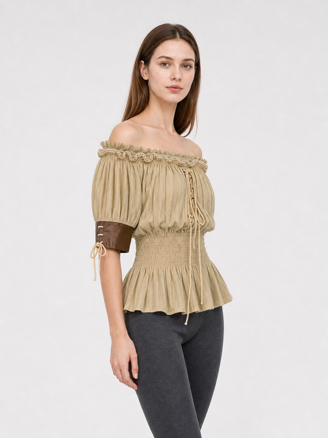 Vintage-Style Peasant Blouse with Lacing and Lace