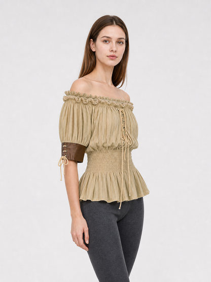 Vintage-Style Peasant Blouse with Lacing and Lace