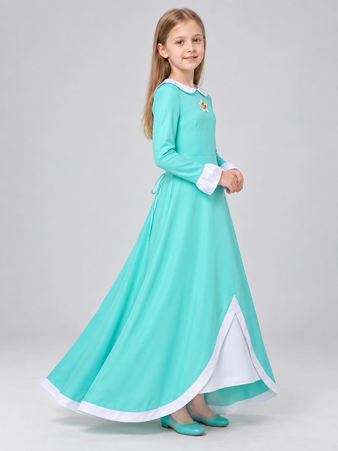 Turquoise Carnival Dress with Star Brooch side view