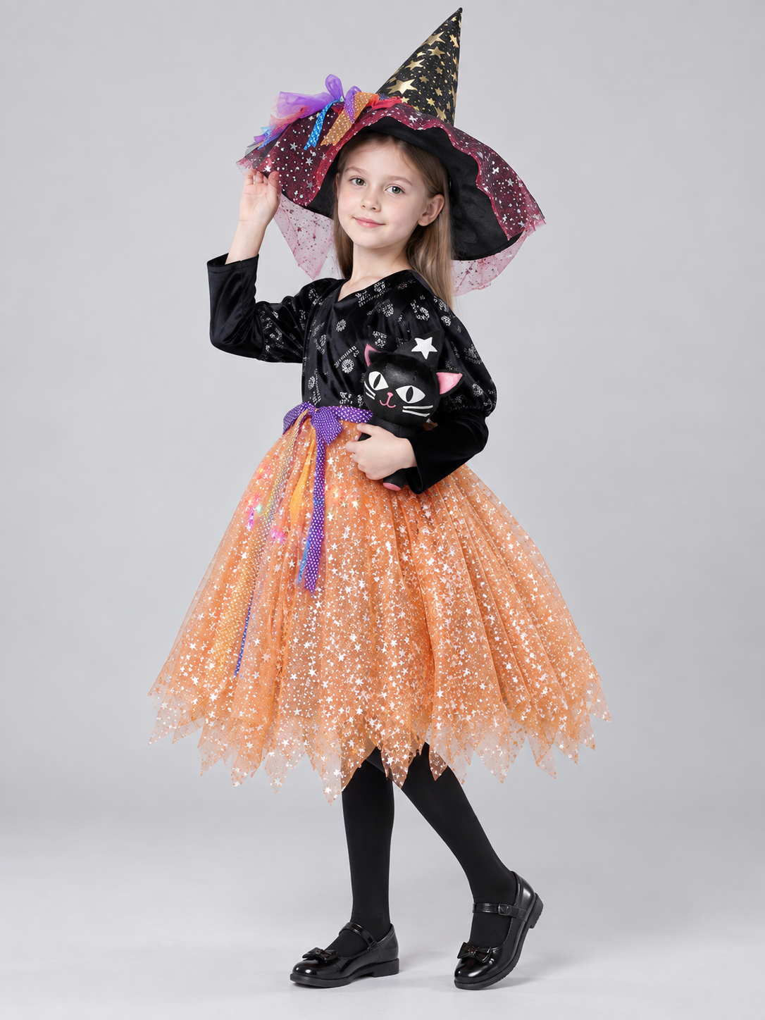 Children's witch costume with hat side view