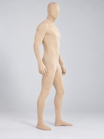 Flesh-toned skintight hooded jumpsuit side view