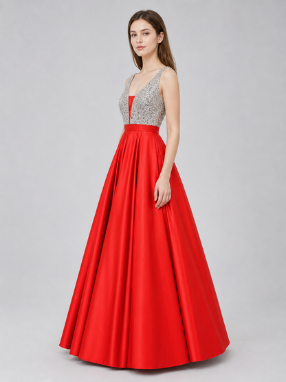Floor-Length Evening Dress with a Deep V-Neckline