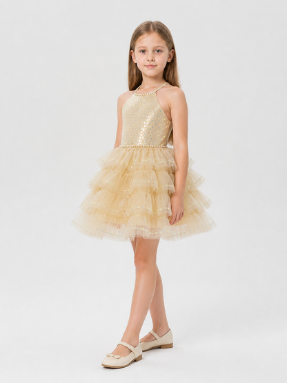 Full Dress with a Tiered Skirt and Pearl Embellishments side view