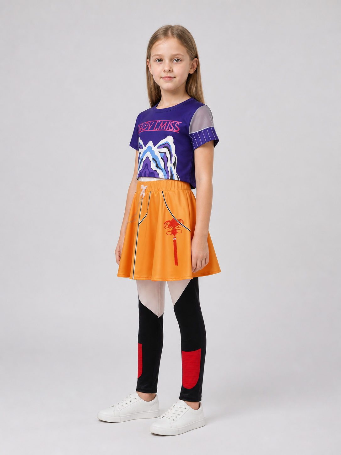 Kids' Costume: Purple T-Shirt and Orange Skort side view