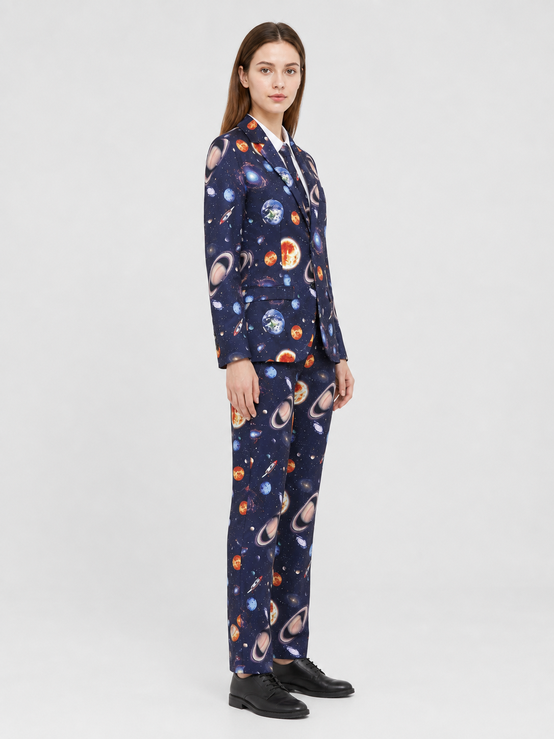 Suit with a Space-Print Blazer and Pants side view