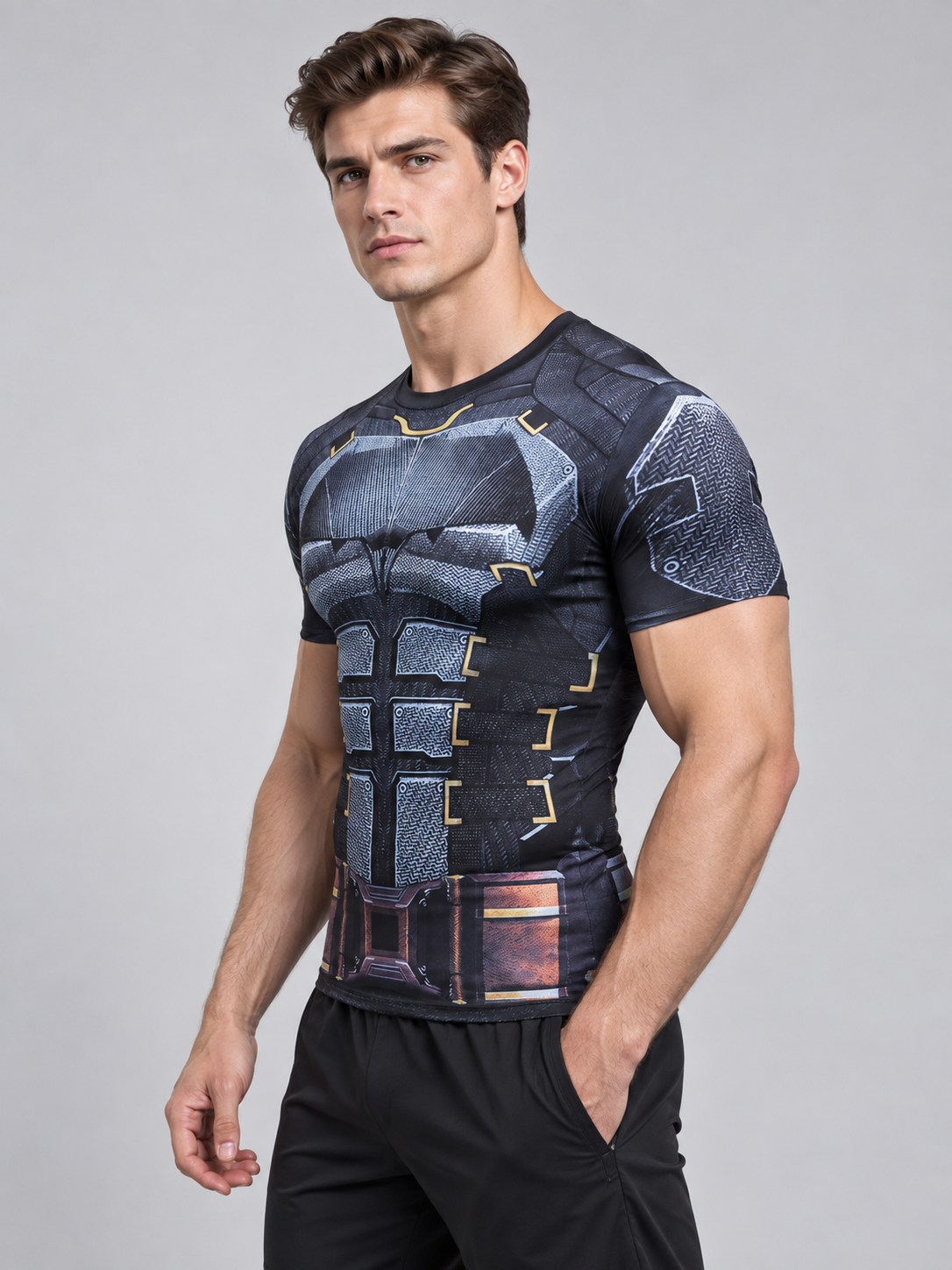 Athletic T-Shirt with Superhero Print and Gold