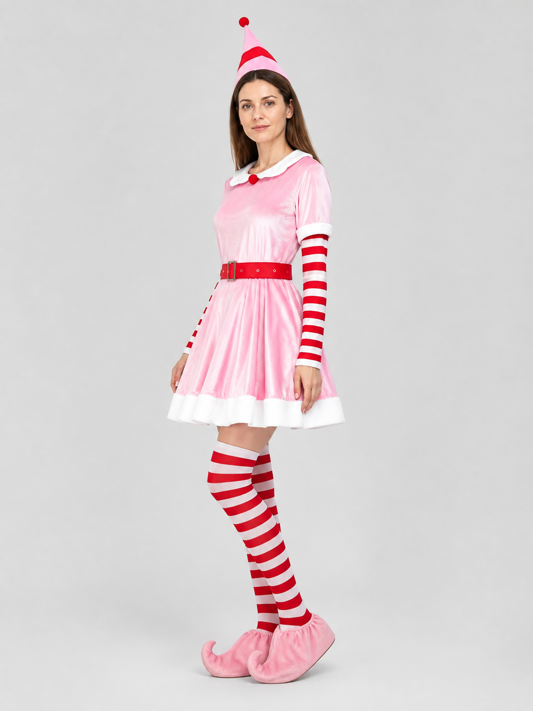 Christmas Elf Costume with Dress, Hat, and Leg Warmers side view