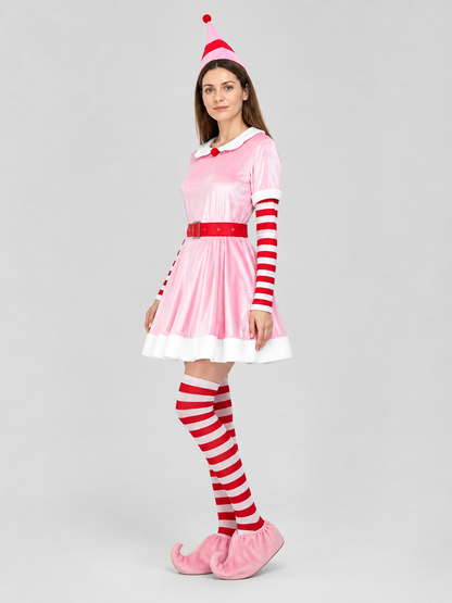 Christmas Elf Costume with Dress, Hat, and Leg Warmers side view