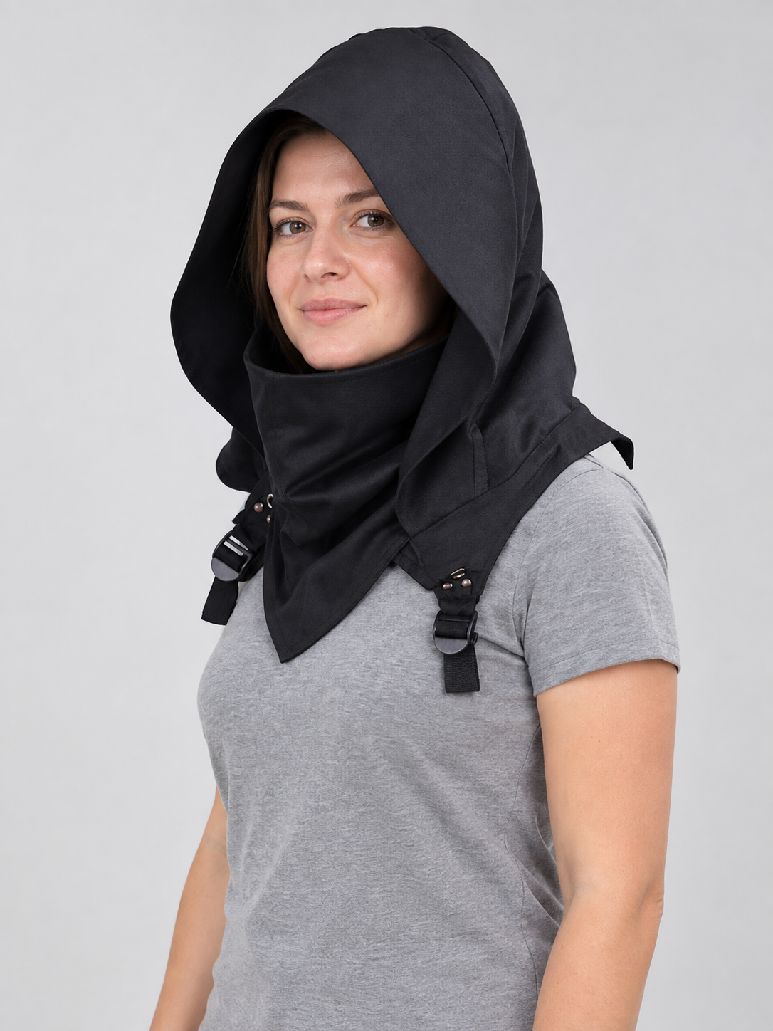 Black hood-mask made of suit fabric with a cutout