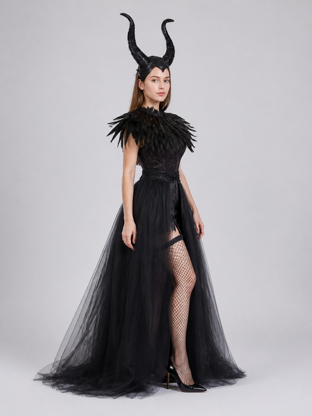Black Fantasy Character Costume with Horned Headpiece