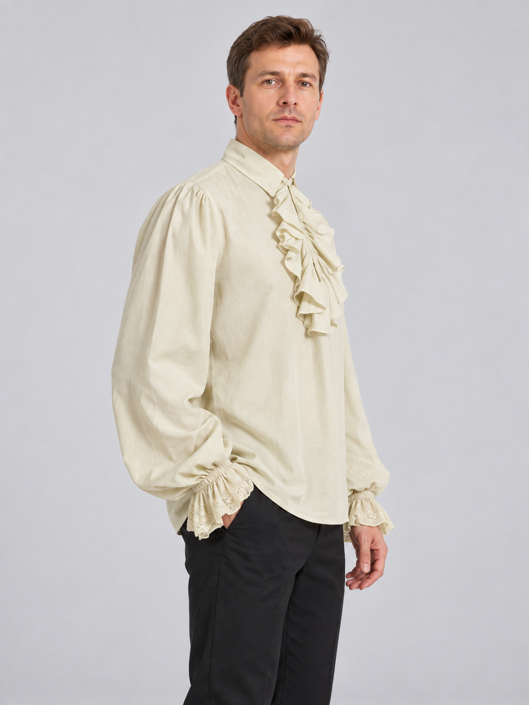 Beige shirt with a jabot and ruffled cuffs