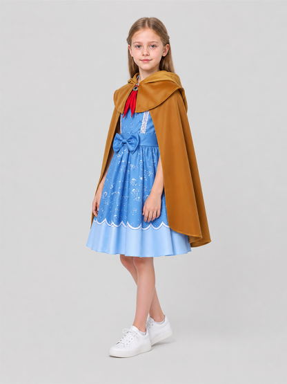 Holly Cosplay Costume, Dress, Cape, and Red Scarf side view