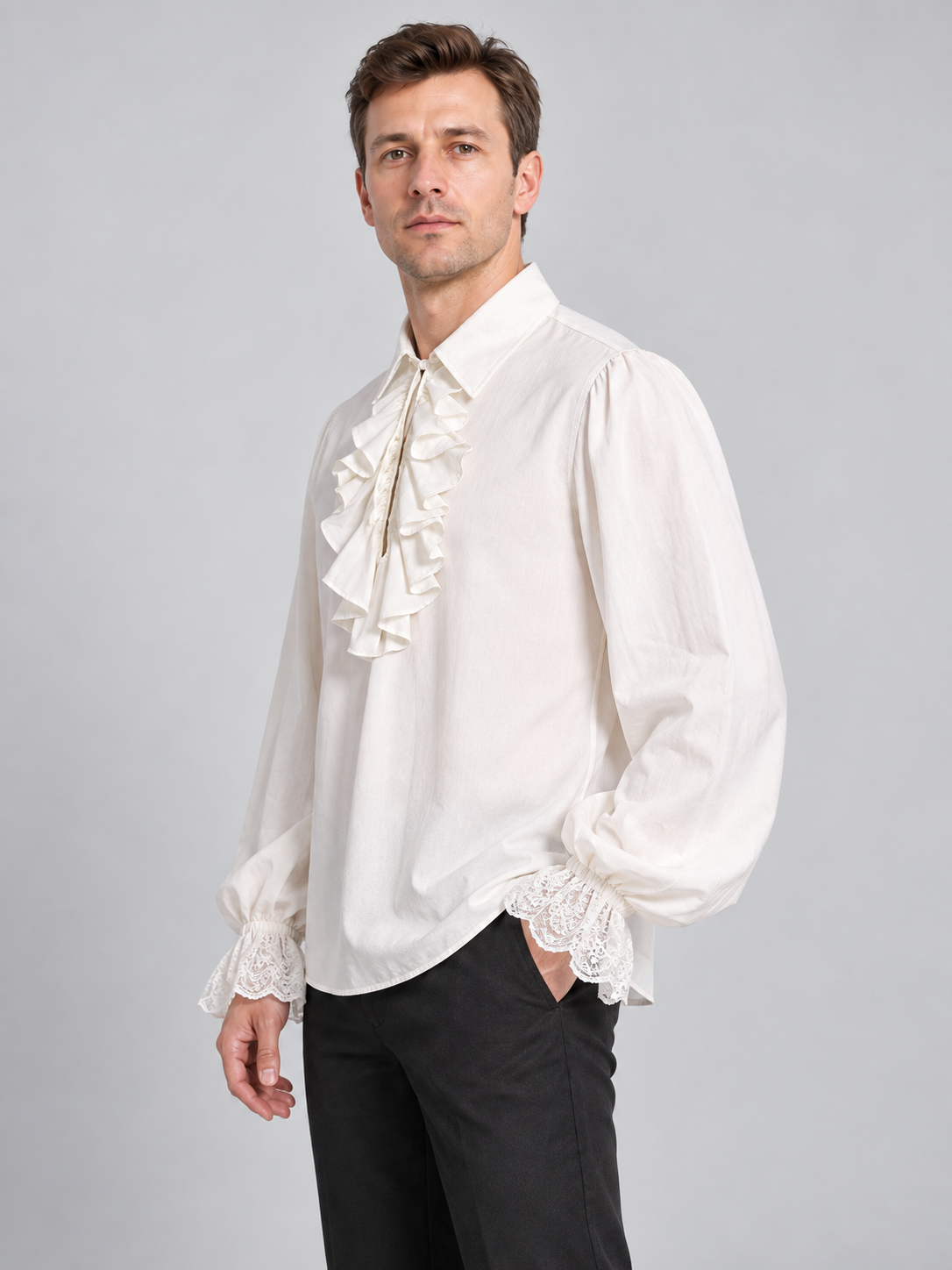 White Renaissance-Style Shirt with Jabot and Lace