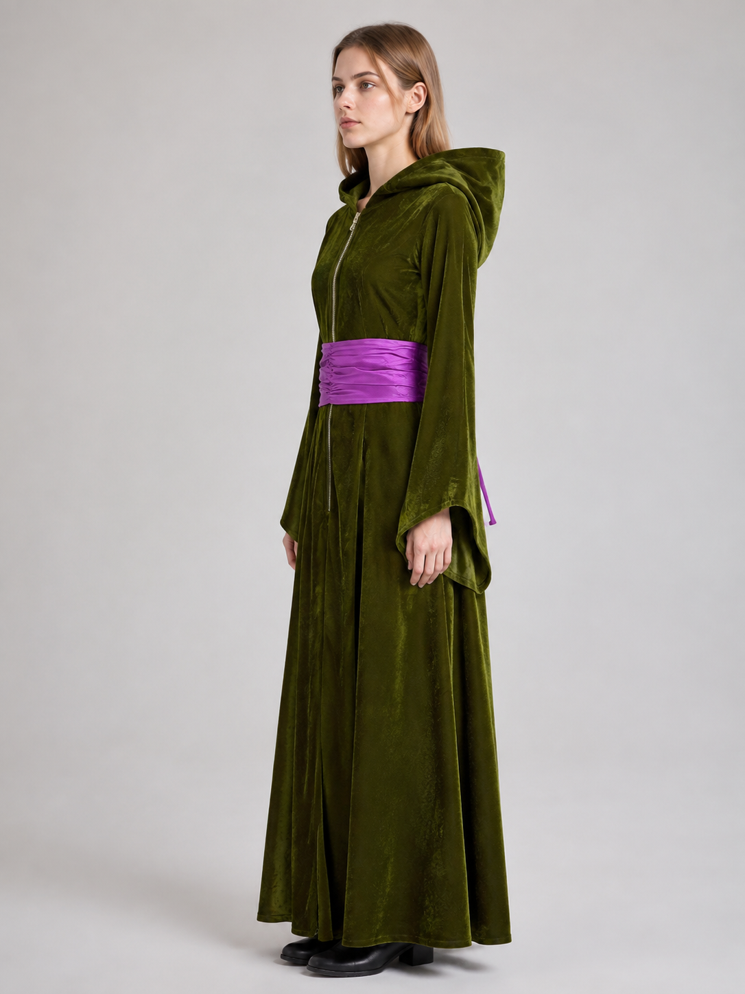 Cosplay Costume Dress with Hood and Purple Belt side view