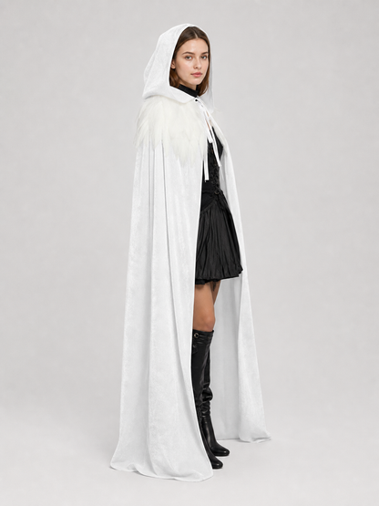 Velvet Hooded Feather Cape with Ties