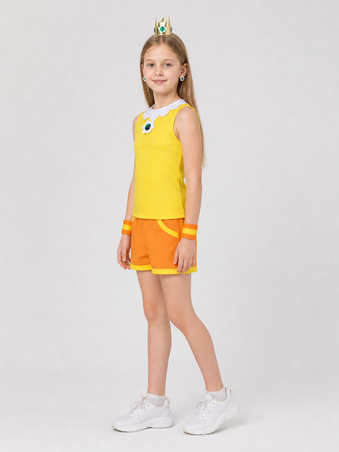 Character costume with crown, top, shorts, and accessories side view