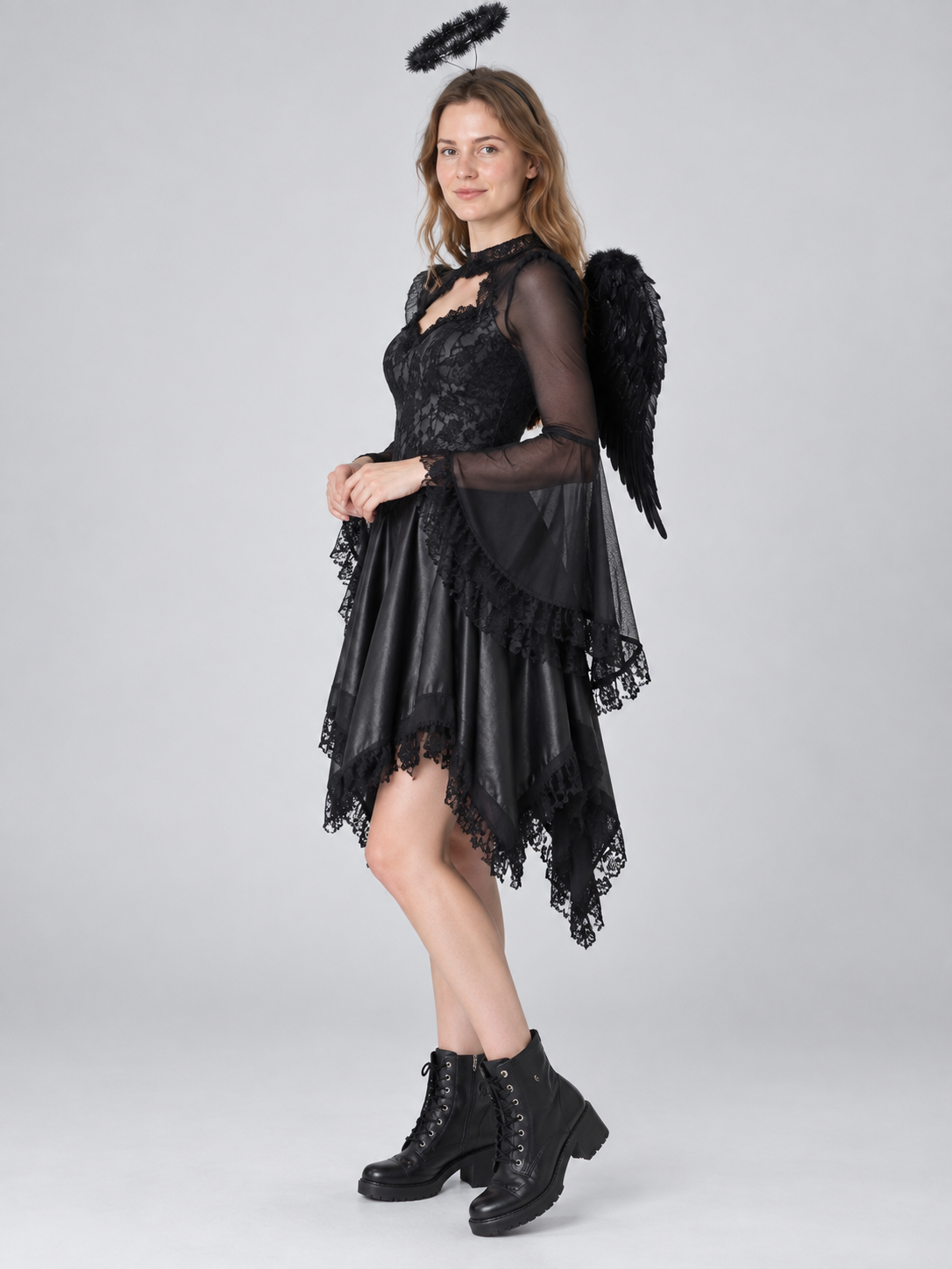 Carnival Costume with Black Dress, Wings, and Halo