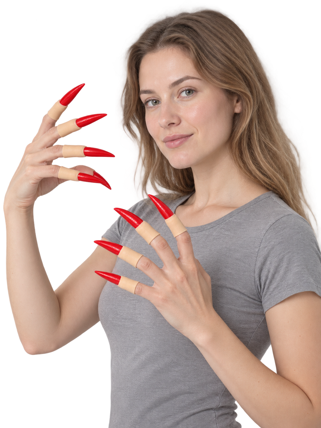 Long pointed red press-on nails, set of 10