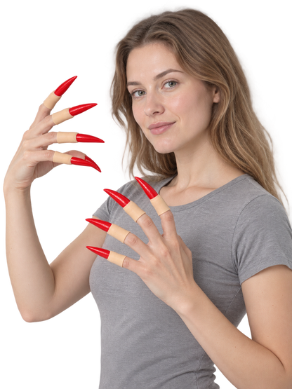 Long pointed red press-on nails, set of 10