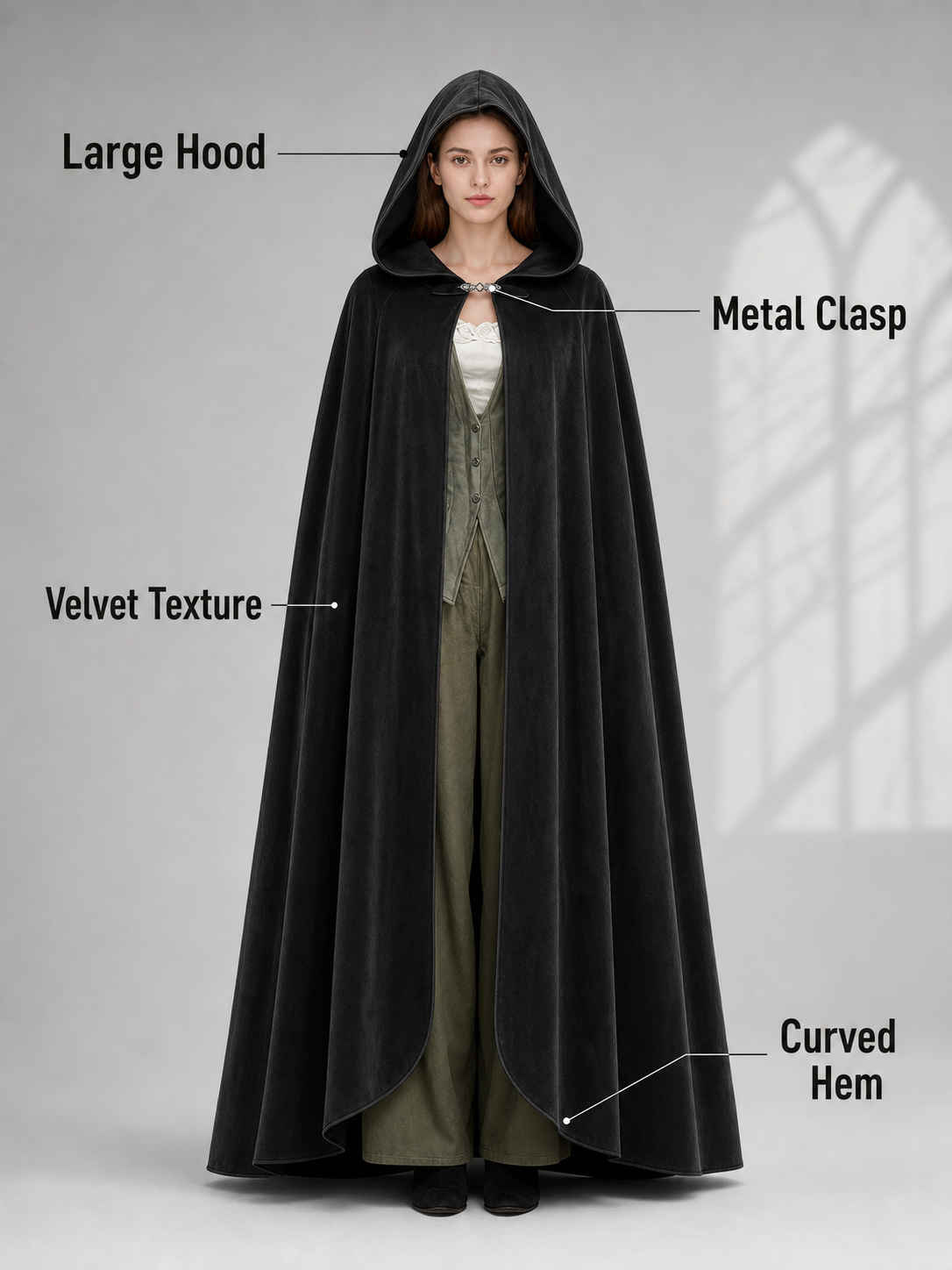 Long black hooded costume cloak