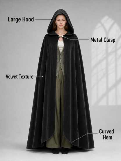 Long black hooded costume cloak