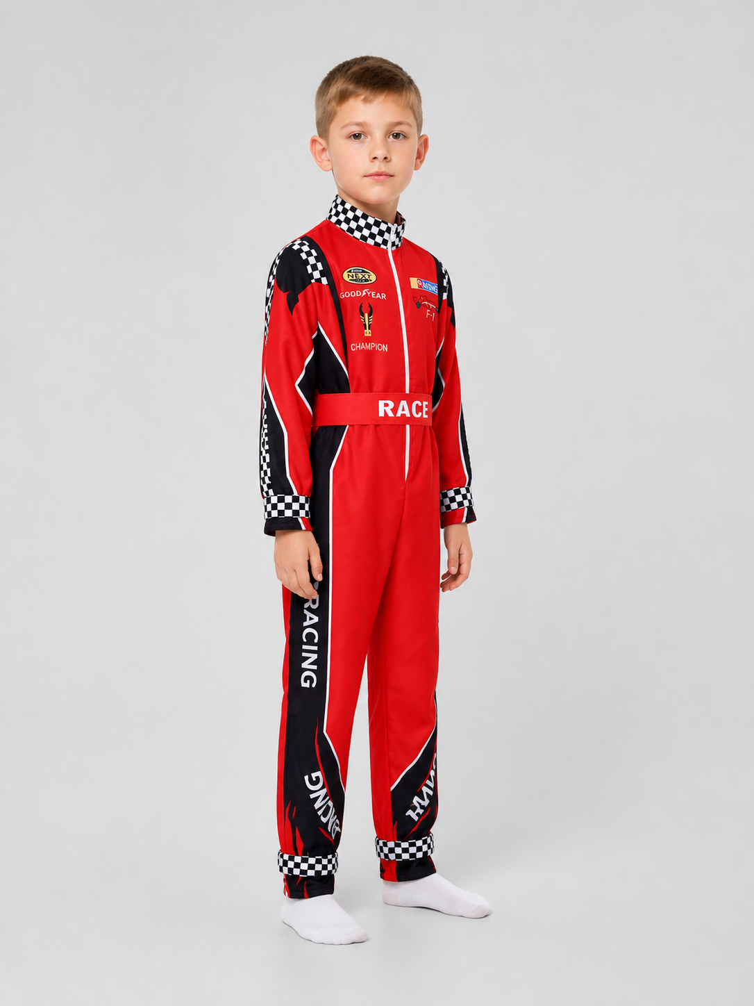 Racing Jumpsuit with Belt, Red, White, and Black side view