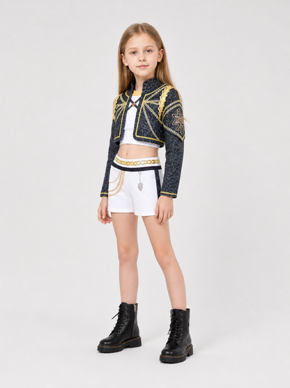 Children's set: jacket, top, shorts, black and gold side view