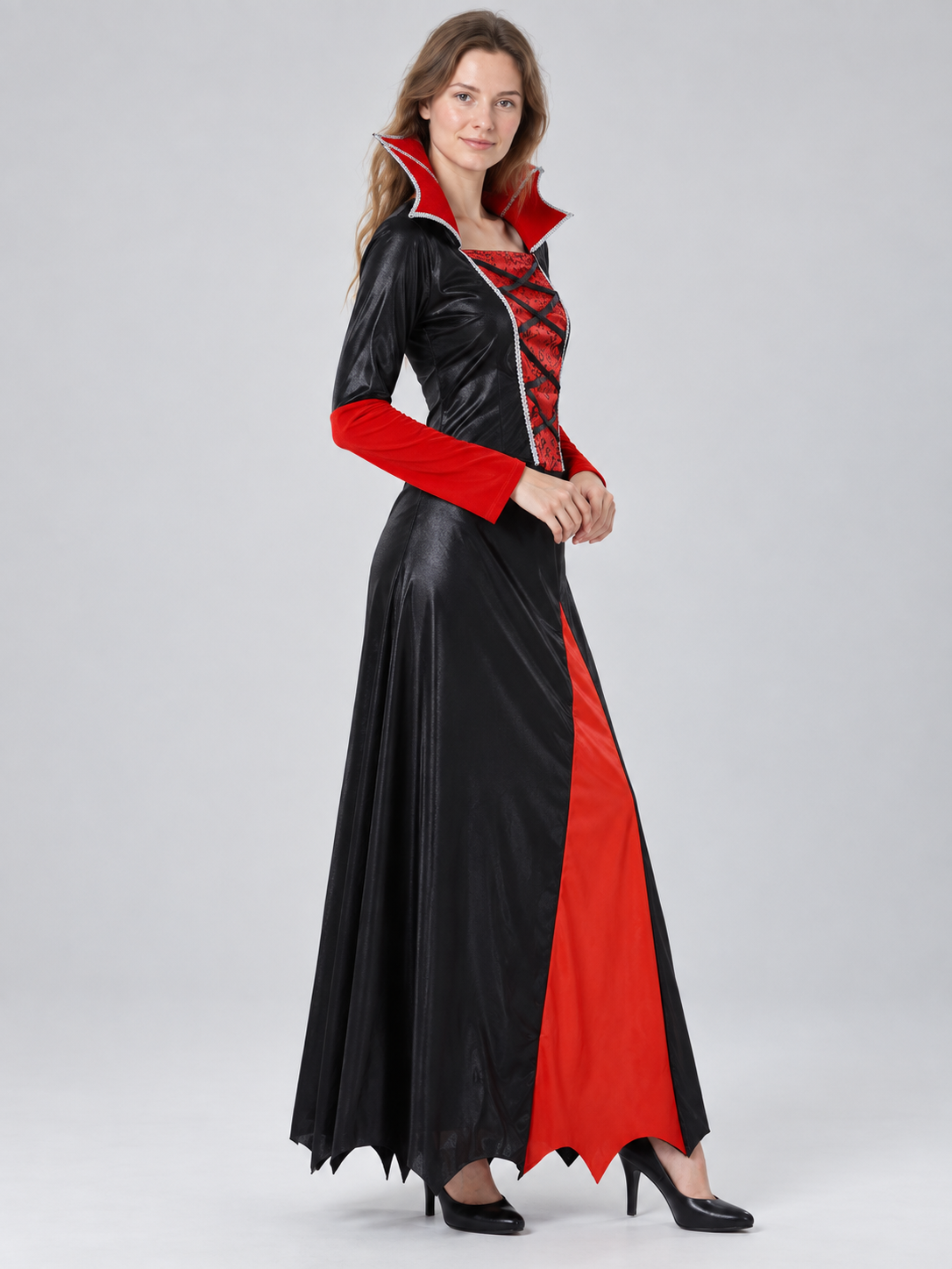 Floor-Length Carnival Dress with Red Inserts