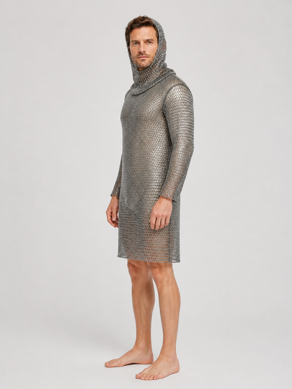 Silver Hooded Chainmail Dress with Diamond-Patterned Mesh side view