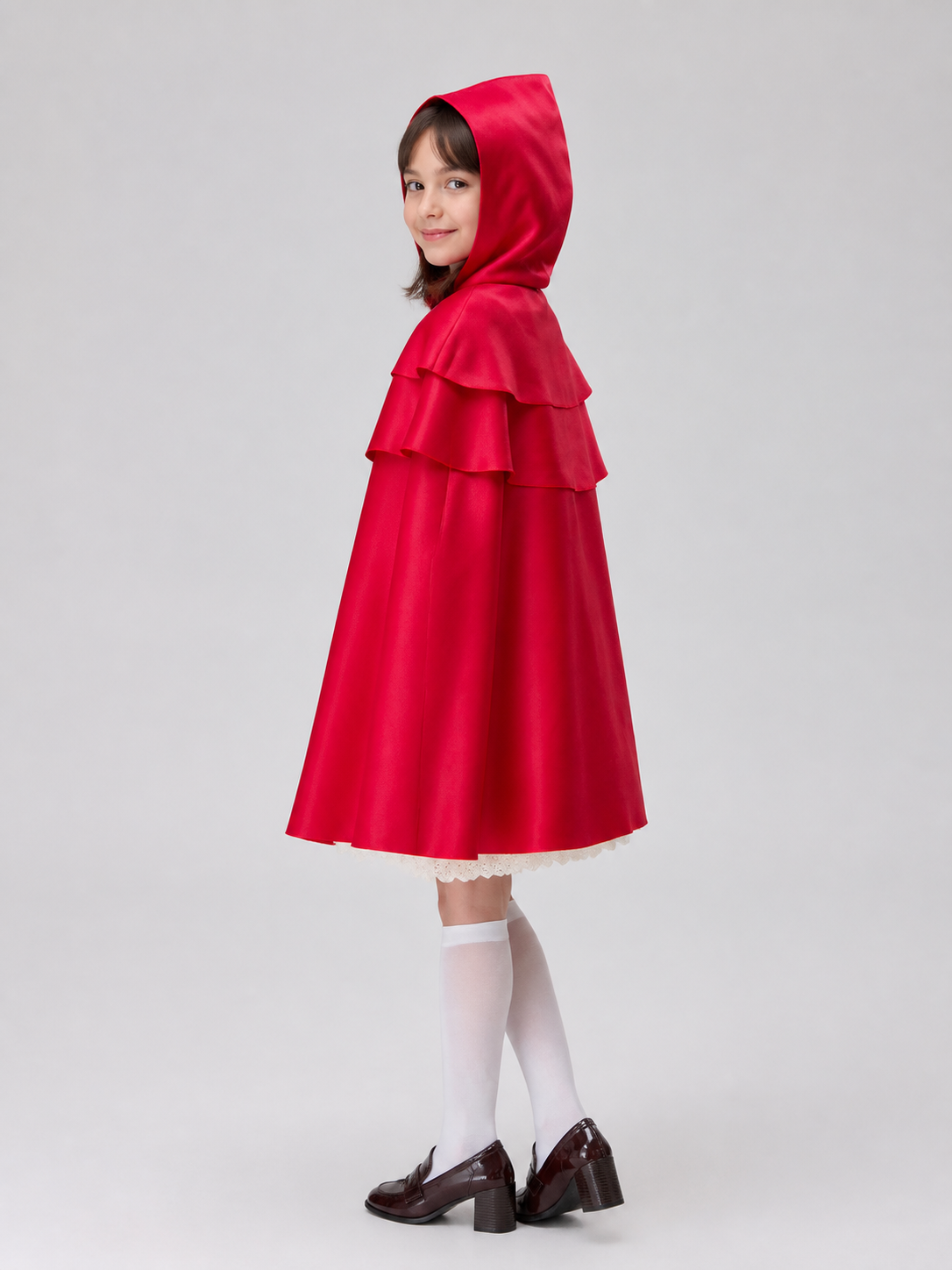Red Hooded Cape with Three Tiers of Ruffles