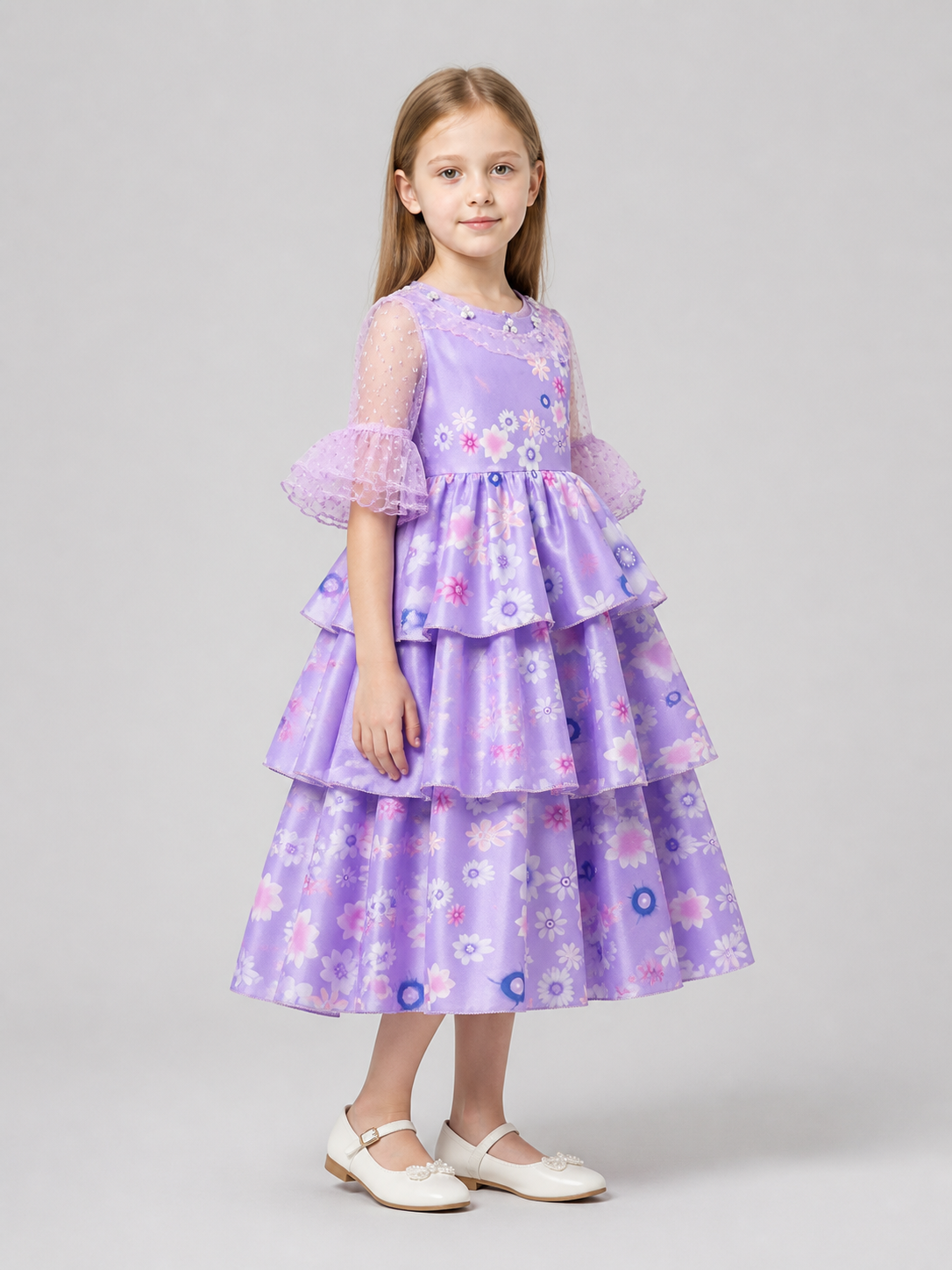 Children's Fancy Purple Cosplay Dress with Ruffles side view