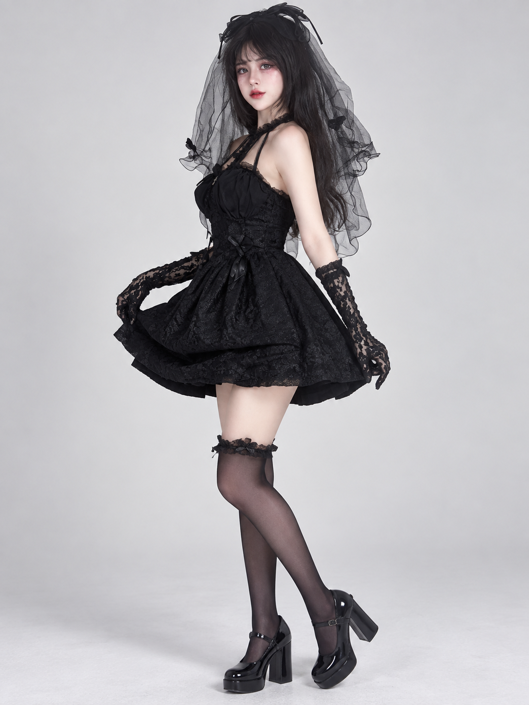 Gothic Lolita Style Dress Black with Lace and Veil