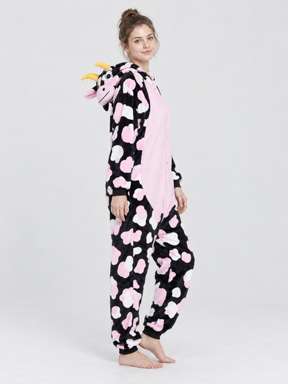 Hooded Pajama Jumpsuit with Cow Face