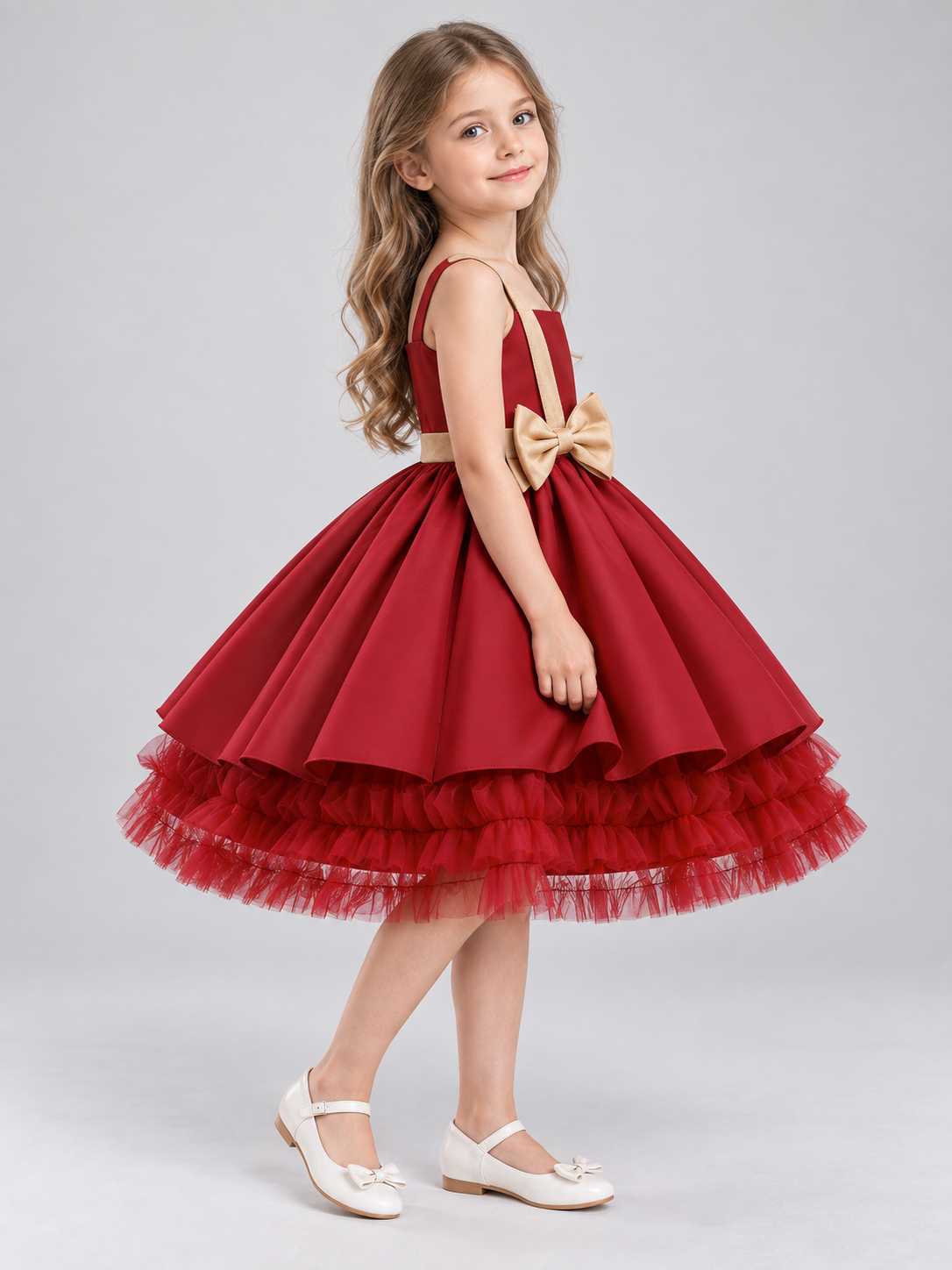 Burgundy sleeveless dress with gold bow and full skirt