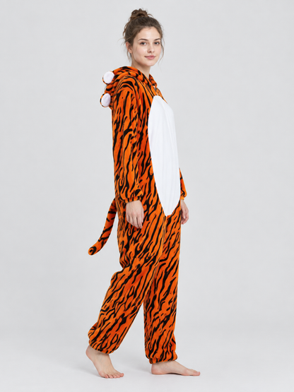 Fleece Pajama Jumpsuit with Tiger Print and Hood