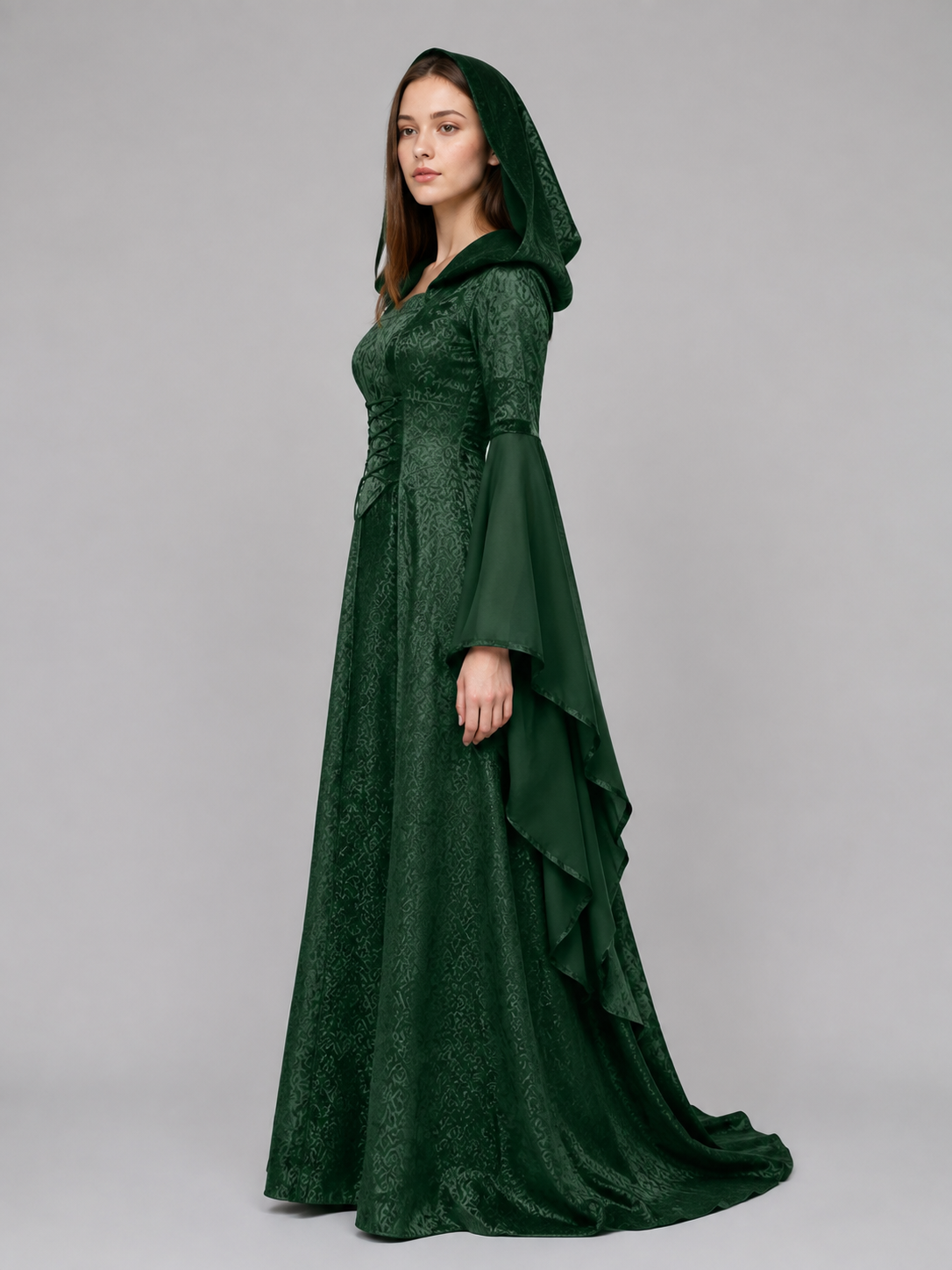 Medieval Hooded Dress with Corset Lacing side view