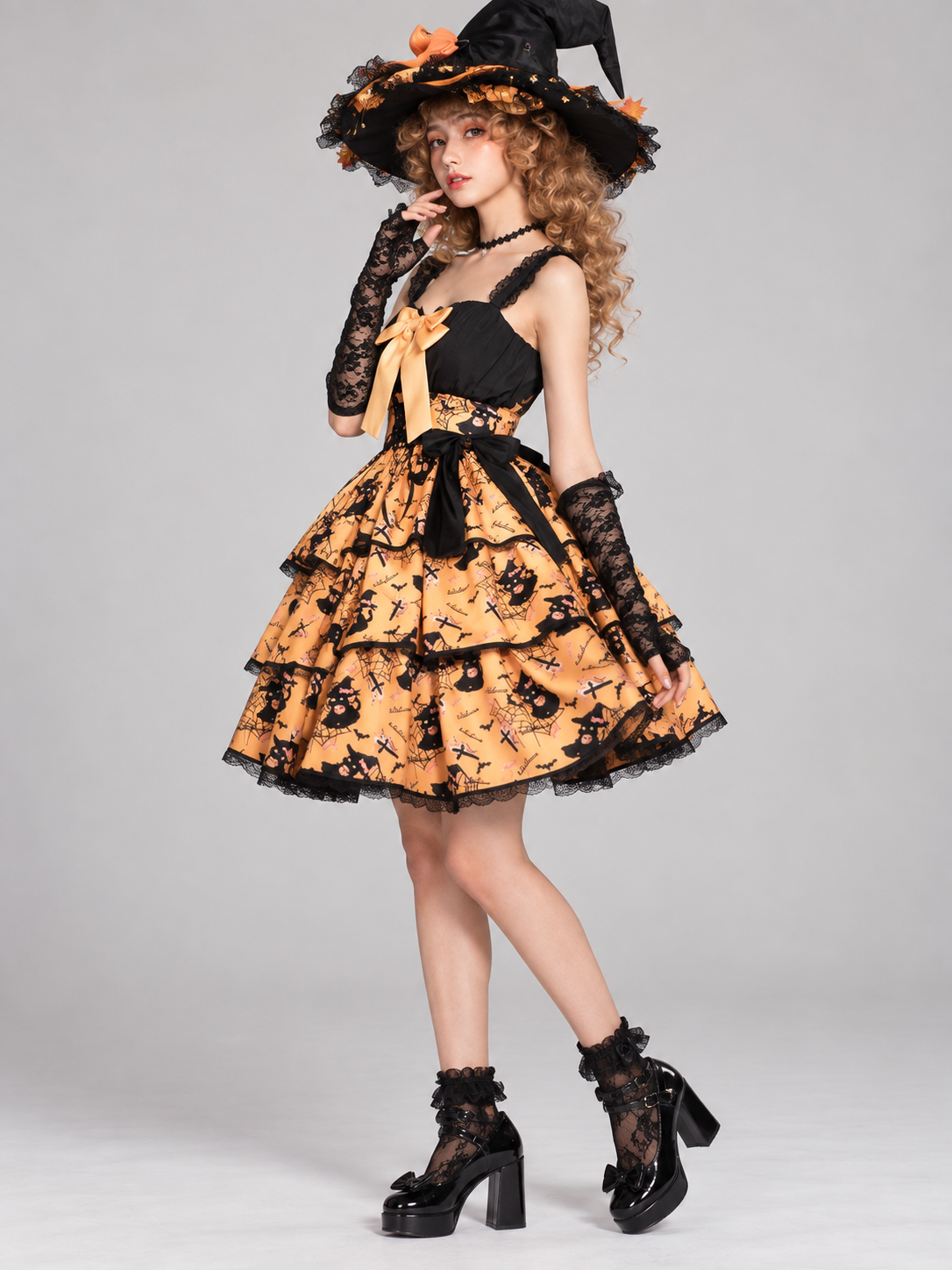 Witch Halloween Costume: Black and Orange Dress with Bow