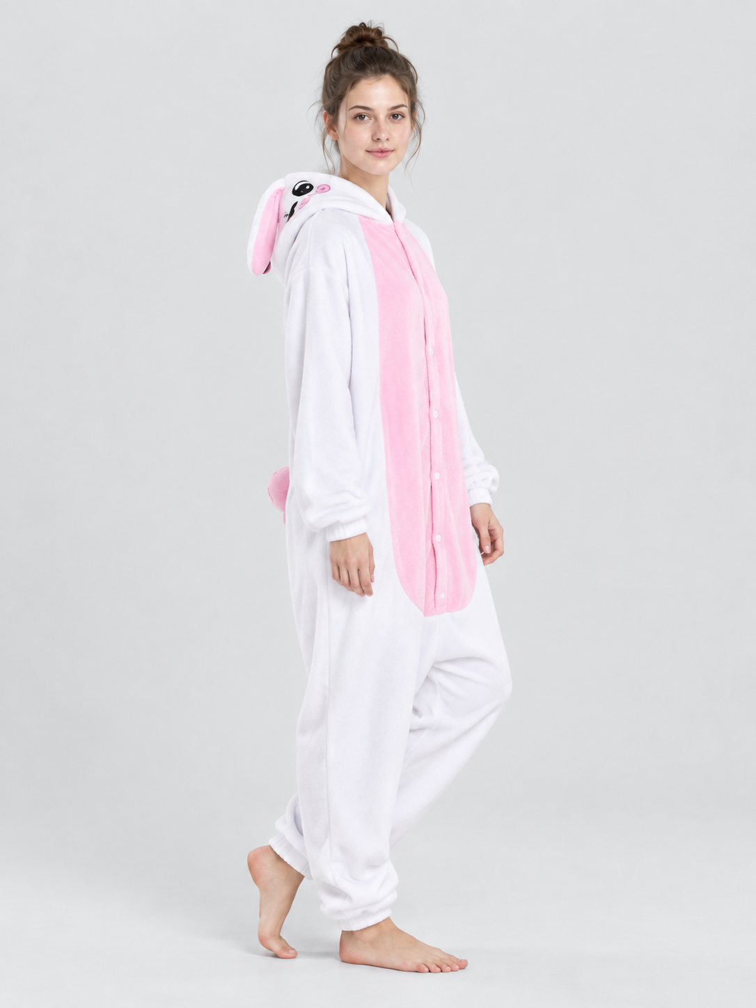 Flannel Pajama Jumpsuit, White with Animal Hood