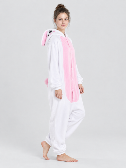 Flannel Pajama Jumpsuit, White with Animal Hood