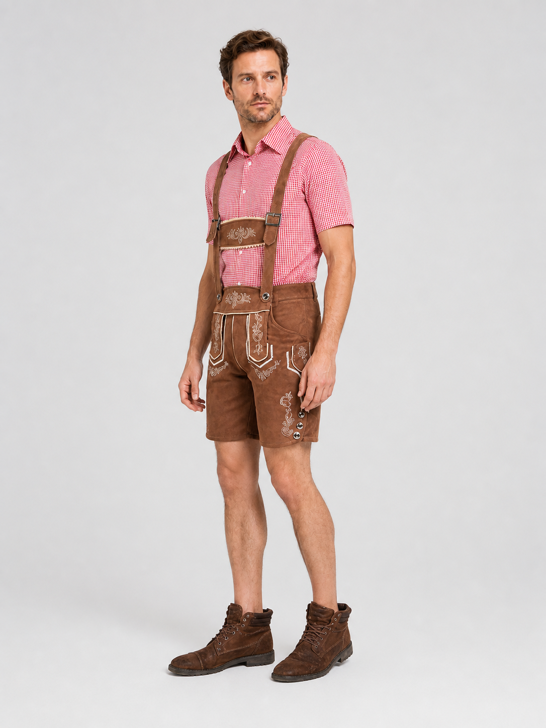 Bavarian Costume with Shirt and Suspender Shorts side view