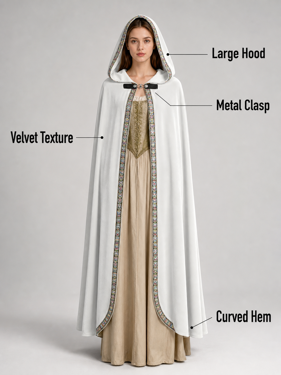 White Medieval Hooded Costume Cloak