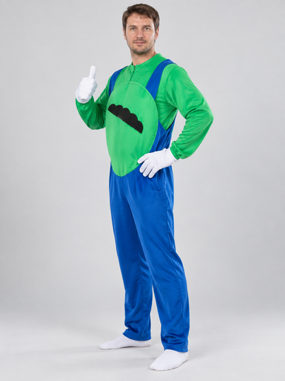 Super Mario costume with mustache and gloves