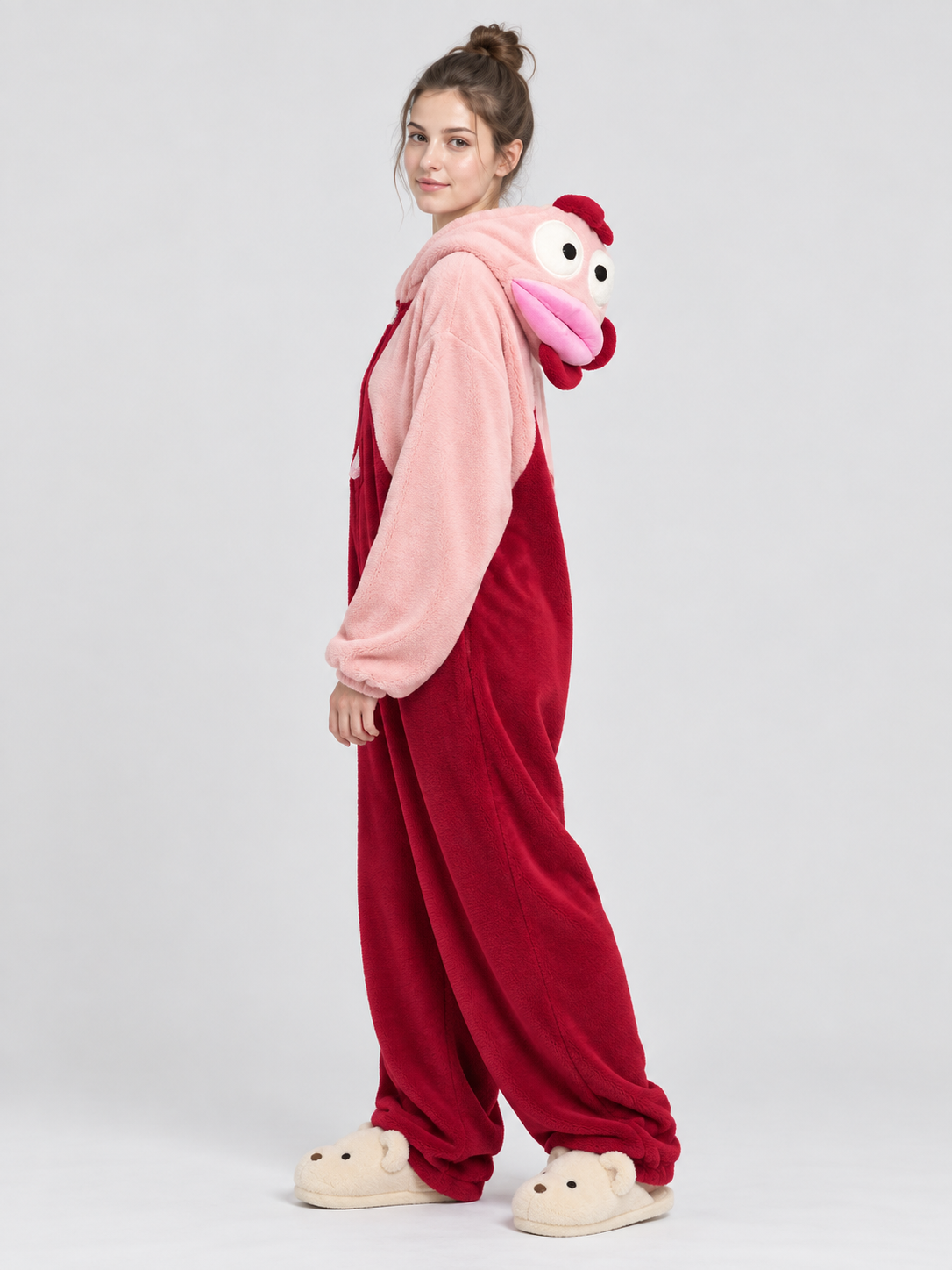 Pink and Burgundy Fleece Hooded Pajama Jumpsuit